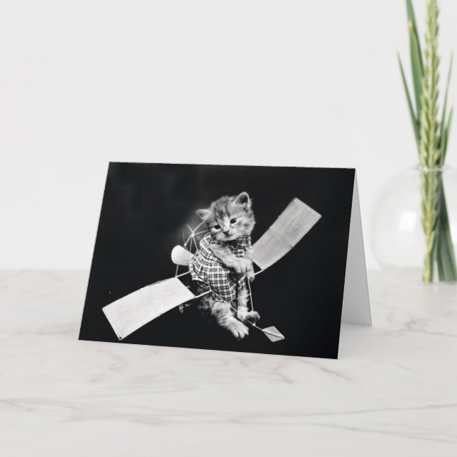 Tarjeta Flying Kitty Vintage Black and White (Anverso)