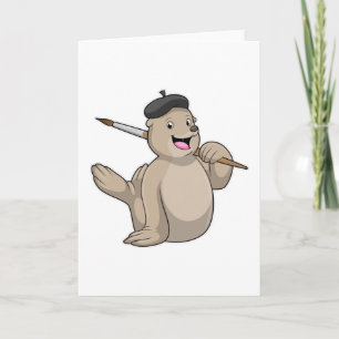 Tarjeta Foca como pintor con pincel