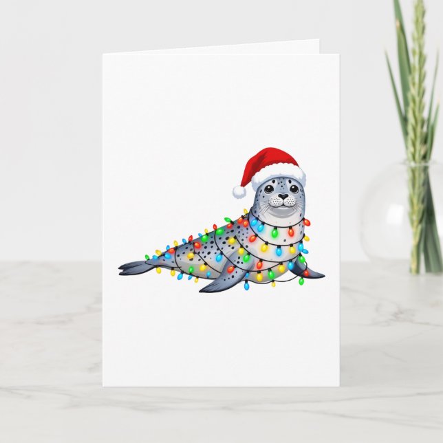 Tarjeta Foca festiva cubierta de luces de Navidad (Anverso)
