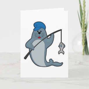 Tarjeta Foca pescando con caña de pescar y pez