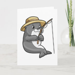 Tarjeta Foca pescando con caña de pescar y sombrero