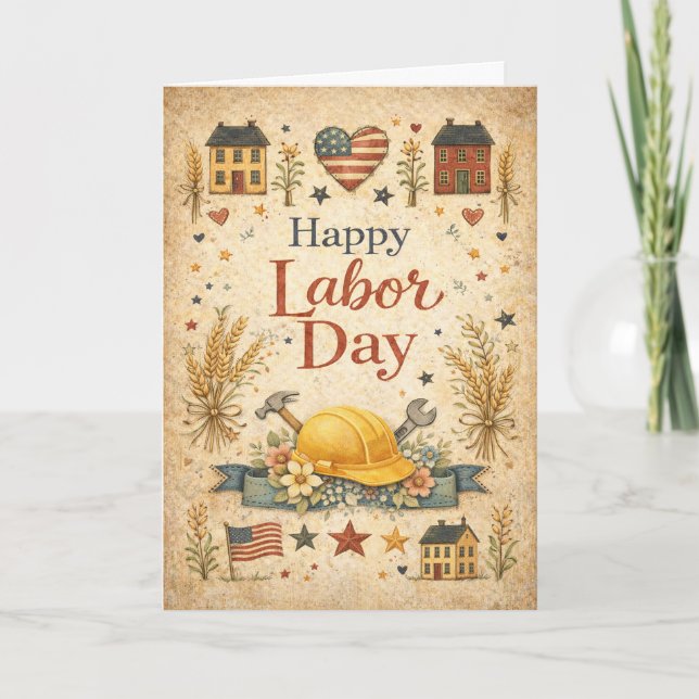 Tarjeta Folk Art Patriotic Happy Labor Day (Anverso)