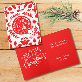 Tarjeta Folk Art Sleeping Fox Merry Christmas Holiday Card