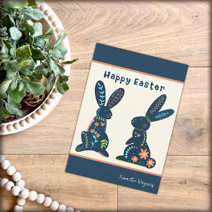 Tarjeta Folk Bunnies Navy Floral Feliz Personalizado de Pa
