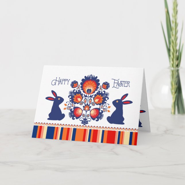 Tarjeta Folklore de Pascua con 2 conejitos azules 🐰 texto (Anverso)
