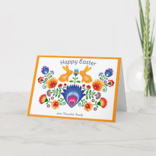Tarjeta Folklore 🐰 de Pascua con 2 conejitos, naranja