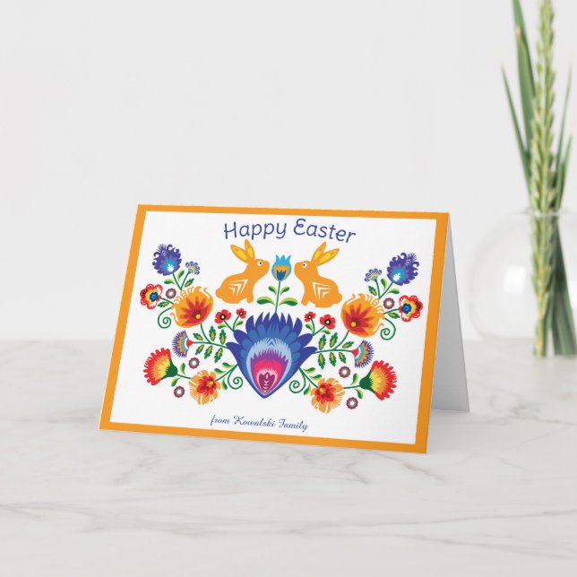 Tarjeta Folklore 🐰 de Pascua con 2 conejitos, naranja (Anverso)