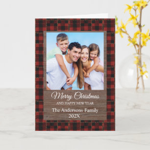Tarjeta Fondo de Plaid Búfalo Rojo Rústico con Foto Famili