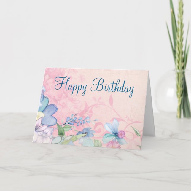 Tarjeta Fondo floral rosa y azul bonito cumpleaños (Anverso)
