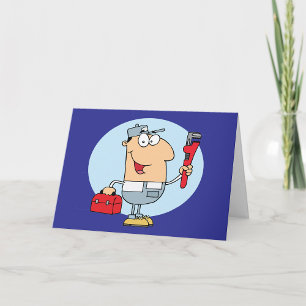 Tarjeta Fontanero de dibujos animados sosteniendo llave de