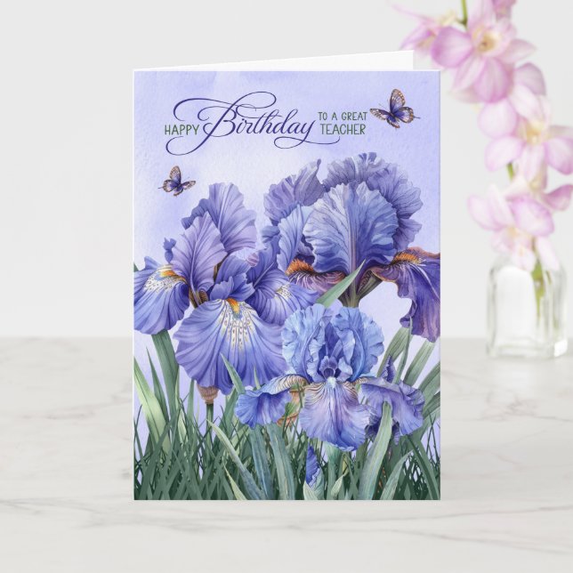 Tarjeta for Teacher Purple Iris with Butterflies Birthday (Orquídea)
