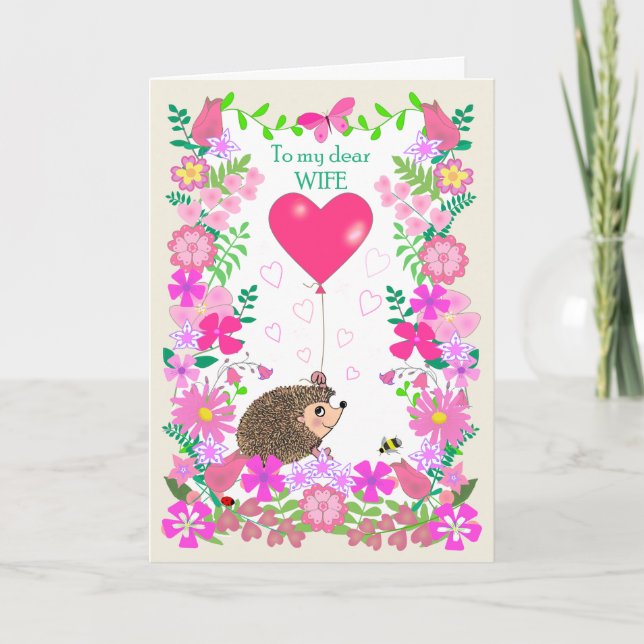 Tarjeta For Wife Valentine with a Cute Hedgehog (Anverso)