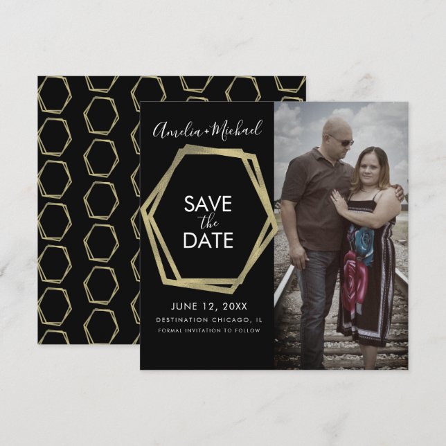 Tarjeta Formas Geométricas Doradas Save the Date (Anverso / Reverso)
