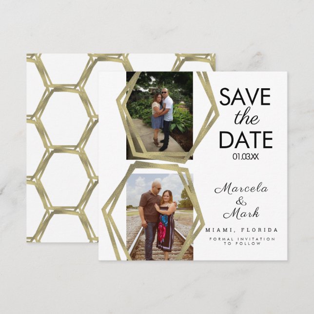 Tarjeta Formas Geométricas Oro Guardar la foto de fechas (Anverso / Reverso)