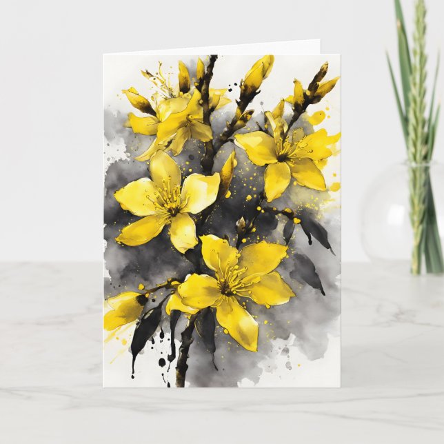 Tarjeta Forsythia - Flores de acuarela (Anverso)