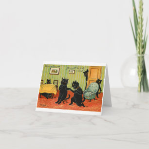 Tarjeta Fortuna vintage que cuenta a gatos negros con suer