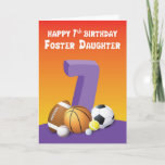 Tarjeta Foster Daughter 7º Bolas Deportivas de Cumpleaños<br><div class="desc">Deja que tu hija de acogida "tenga una pelota" en su séptimo cumpleaños. A medida que comienza la celebración,  entonces presente esta tarjeta para enviarle un divertido saludo de cumpleaños.</div>