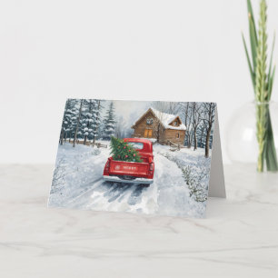 Tarjeta Foto 1 de Camión Rojo de Navidad Vintage Cabiña de
