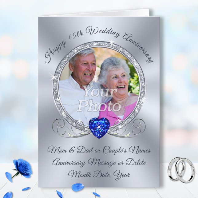 Tarjeta FOTO, 45° Aniversario Boda de los Padres (45th sapphire wedding anniversary cards, for Parents, Husband and Wife, Friends and Family. )