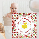 Tarjeta Foto acuática del Duck de caucho de Santa Navidade<br><div class="desc">Ilustracion de un pato amarillo de goma con sombrero de santa rodeado de burbujas. El fondo es de color rojo y verde. Personaliza la parte posterior con tu foto de atrás.</div>