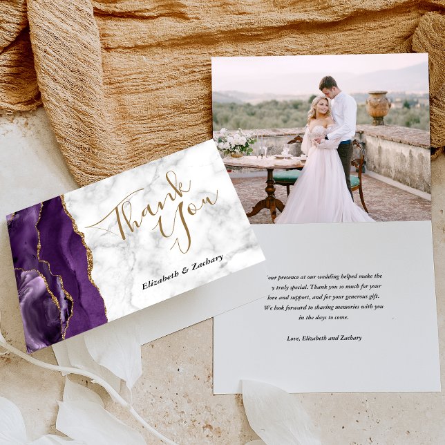 Tarjeta Foto Agate Purple Gold Marble Boda Gracias (Subido por el creador)