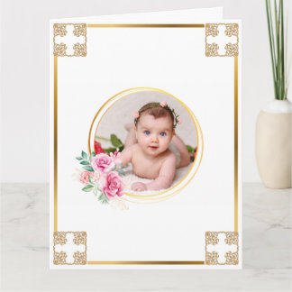 Tarjeta Foto bautismo moda de ramo de oro floral