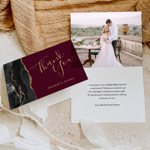 Tarjeta Foto: Black Agate Gold Burgundy Boda Gracias