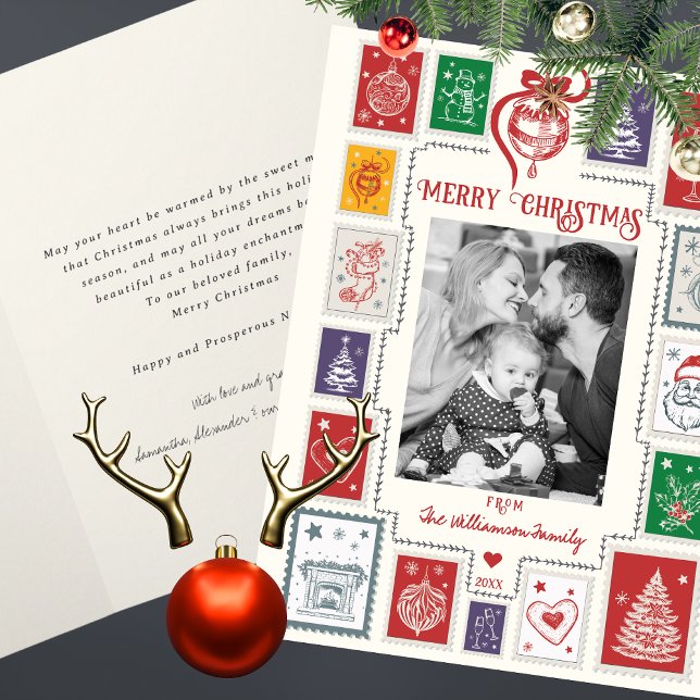 Tarjeta Foto caprichosa de Navidades de sello retro Ilustr (Whimsical Retro Stamp Christmas Illustration Photo Holiday Greeting Card)