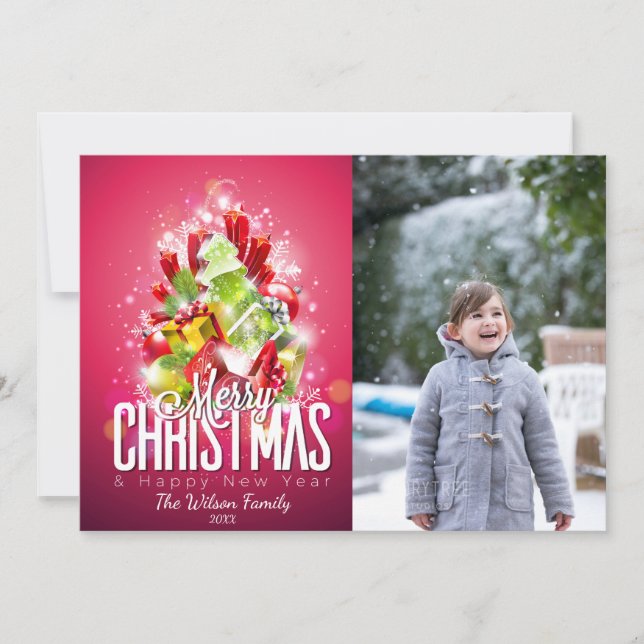 Tarjeta Foto contemporánea de árboles y regalos de Navidad (Anverso)