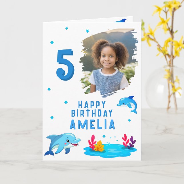 Tarjeta Foto cumpleaños de animales del mar de delfines de (flor amarilla)