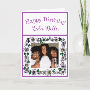 Tarjeta Foto Cute Purple Flower Frame Happy Cumpleaños