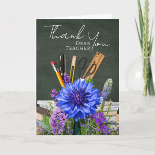 Tarjeta Foto de agradecimiento a la profesora floral azul