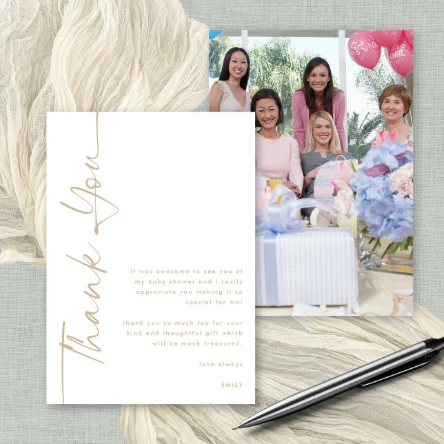 Tarjeta Foto de Baby Shower con guión de oro rotado Gracia (Front and back view. Available digitally or printed. Add your photo on the back)