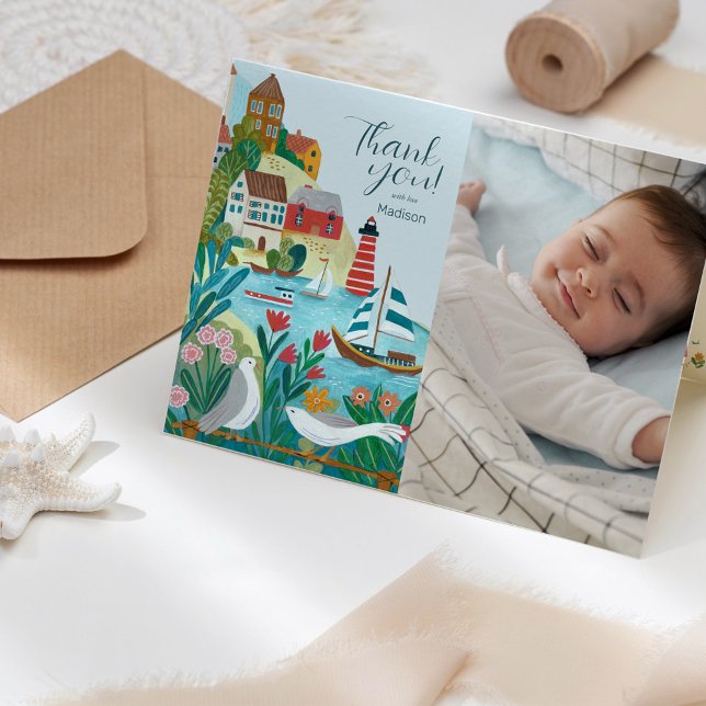 Tarjeta Foto de Baby Shower de Coastal Village (Coastal Village Baby Shower Photo Thank you Card)
