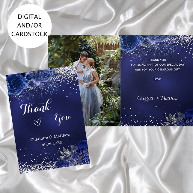 Tarjeta Foto de boda floral de plata azul marino gracias (Subido por el creador)