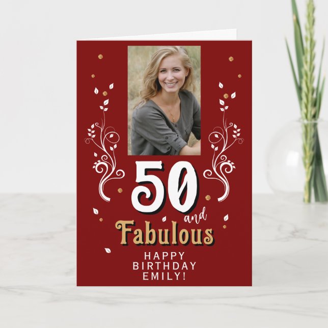 Tarjeta Foto de cumpleaños 50 y Fabuloso Follaje (Anverso)
