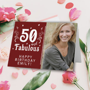 Tarjeta Foto de cumpleaños 50 y fabuloso follaje rojo 50 