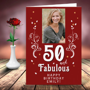 Tarjeta Foto de cumpleaños 50 y fabuloso follaje rojo 50