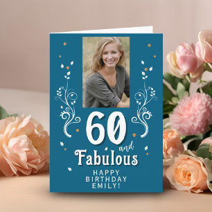 Tarjeta Foto de cumpleaños 60 azul y follaje fabuloso
