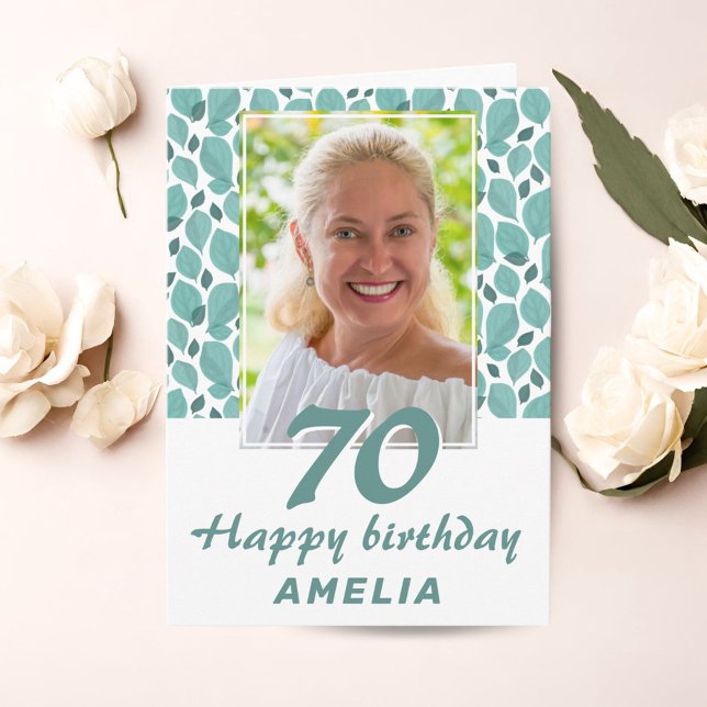 Tarjeta Foto de cumpleaños 70 con patrón de hoja turquesa (Subido por el creador)