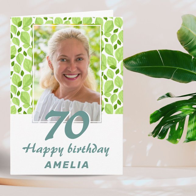 Tarjeta Foto de cumpleaños 70 en el patrón de hojas verdes (Subido por el creador)