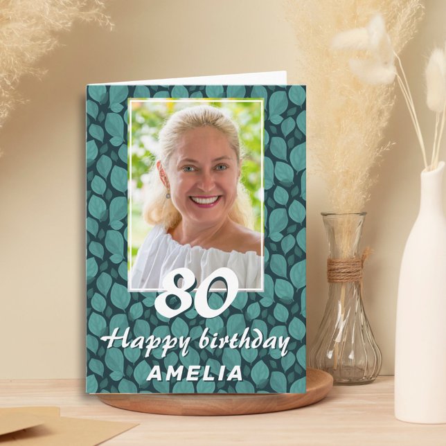 Tarjeta Foto de cumpleaños 80 con patrón de hoja turquesa (Subido por el creador)