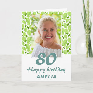 Tarjeta Foto de cumpleaños 80 con patrón de hoja verde bot