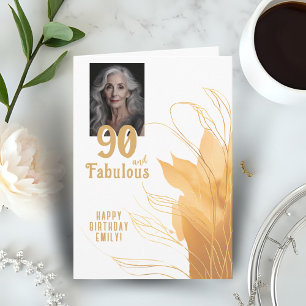Tarjeta Foto de cumpleaños 90 y fabuloso con follaje dorad