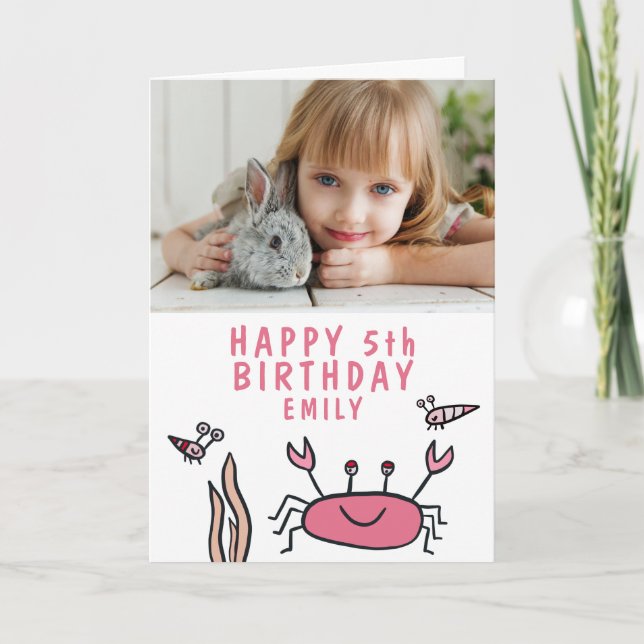 Tarjeta Foto de cumpleaños de animales de mar rosa con cap (Anverso)