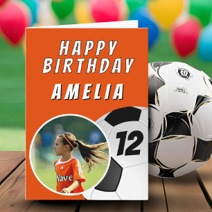 Tarjeta Foto de cumpleaños de balón de fútbol soccer naran