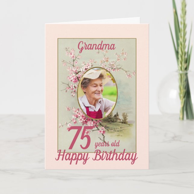 Tarjeta Foto de cumpleaños de edad personalizada de Floral (Anverso)