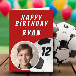 Tarjeta Foto de cumpleaños de pelota de fútbol rojo