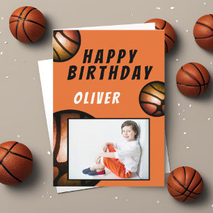 Tarjeta Foto de cumpleaños feliz de baloncesto metálico