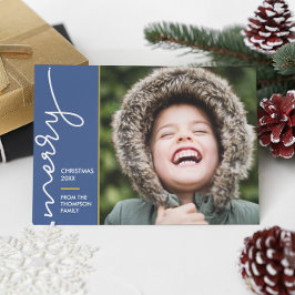 Tarjeta Foto de escritura moderna azul de Feliz Navidad